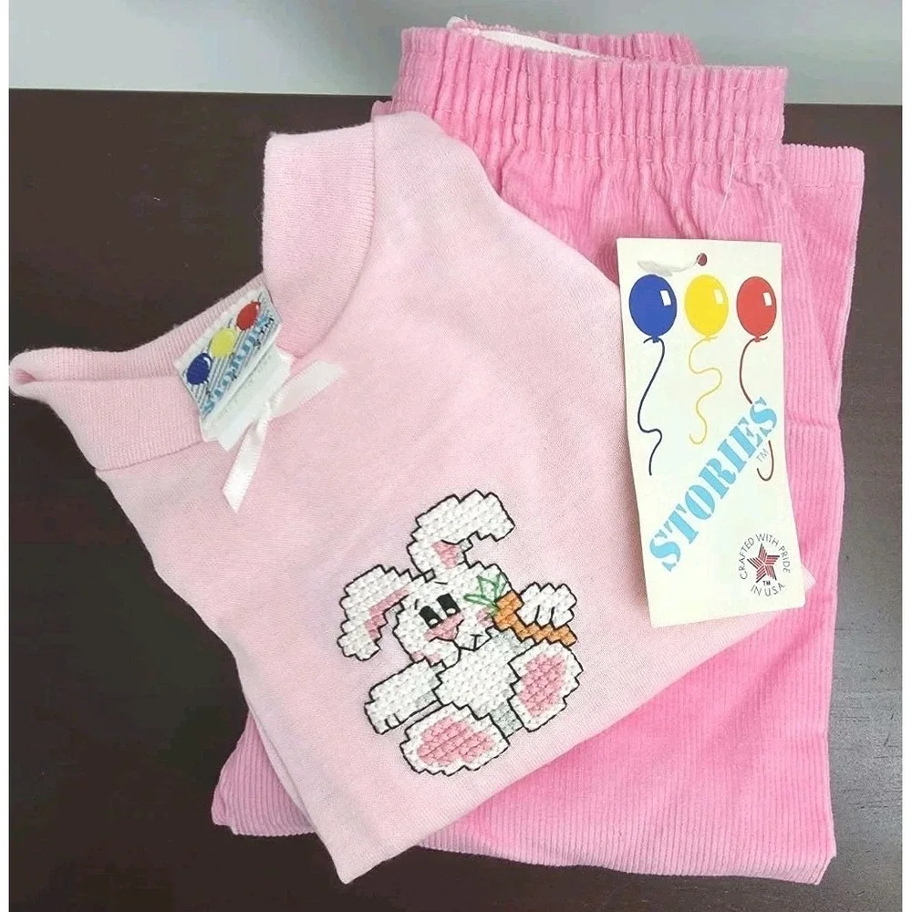 1980s Vtg Pink Stories Brand Two-piece Outfit Cross Stitch Embroidered Rabbit 2T